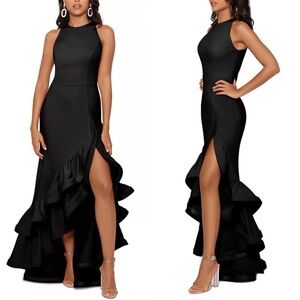 NEW BETSY & ADAM Black ARIELLE Ruffle TIERED SCUBA CREPE Evening GOWN Petite 2P